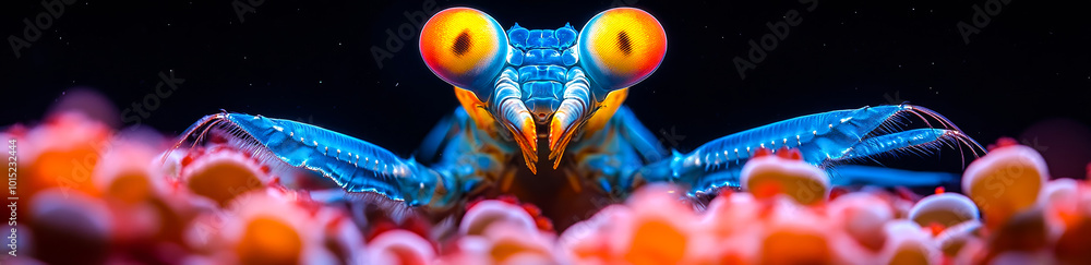 Poster a blue bug with red eyes is staring at the camera. the bug is surrounded by red and orange objects