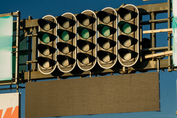 Speed ​​circuit traffic lights. Formula 1 race. Green light at the traffic light on the racing...