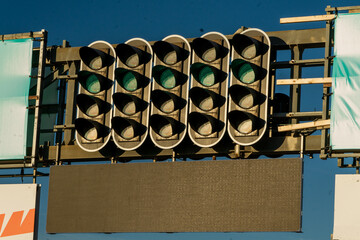 Speed ​​circuit traffic lights. Formula 1 race. Green light at the traffic light on the racing...