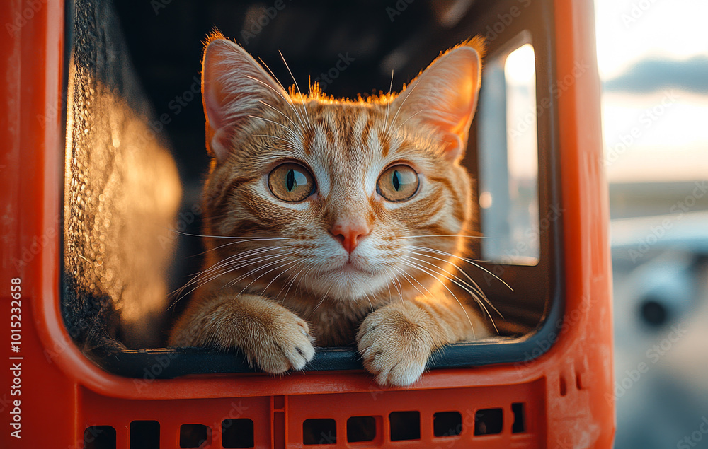 Poster a cat is looking out of a red container. the cat is orange and has a curious expression