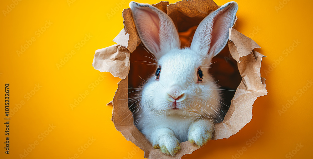 Poster a rabbit is peeking out of a hole in a brown paper bag. the rabbit is looking at the camera with a c