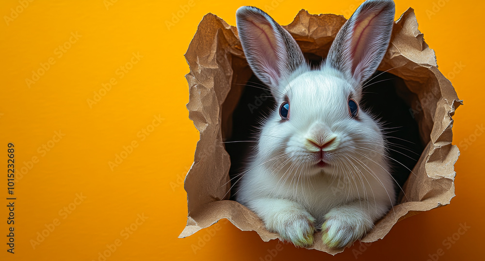 Poster a rabbit is peeking out of a hole in a brown paper bag. the rabbit is looking at the camera with a c