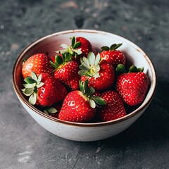 A bowl of fresh strawberries on a dark surface, highlighting their bright red hue.