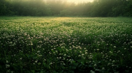 A field of wildflowers bathed in the golden light of sunrise.