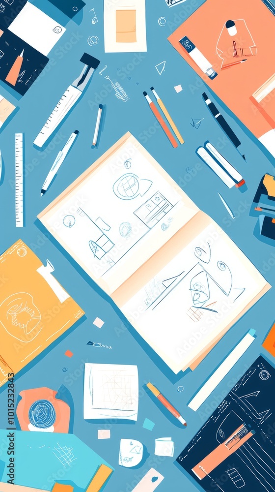 Poster a flat lay image of a designer's desk with various tools, papers and sketches.