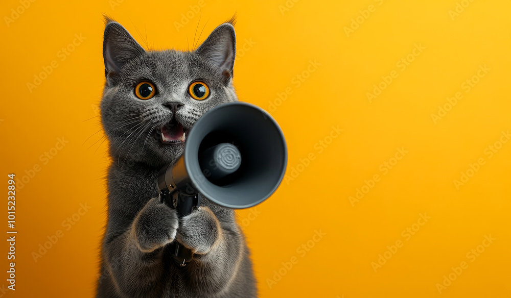 Poster a cat is holding a microphone and making a loud noise. the cat is looking at the camera with a surpr