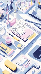 A flat lay of an artist's desk with various tools and supplies.