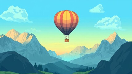 A hot air balloon floats above a scenic mountain valley with a blue sky and white clouds.
