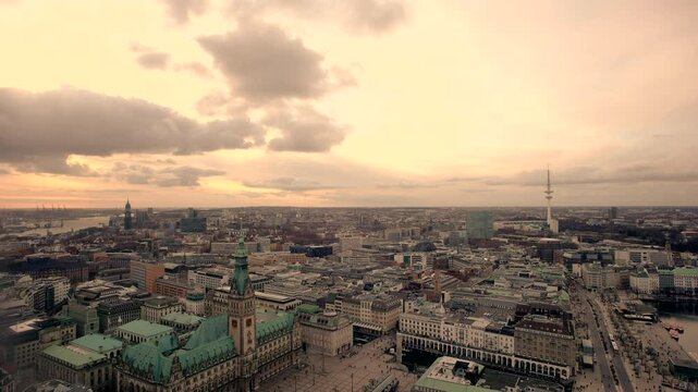 nostalgic static aerial panorama view of downtown Hamburg with town hall, television tower and st michaelis church, 2023