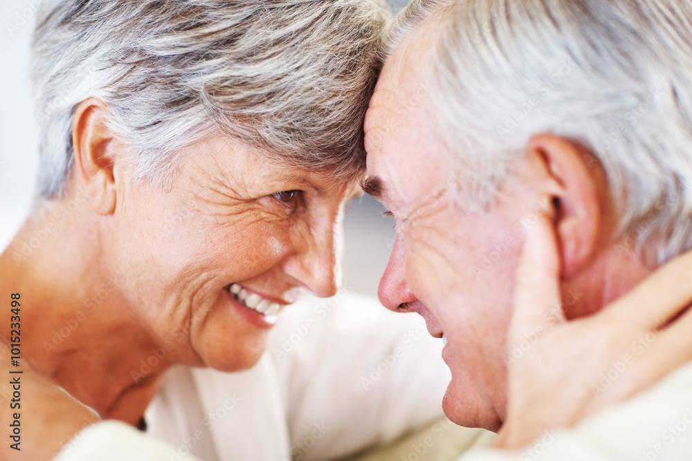 Poster Senior couple, happy and connection for relax, bonding and love with support, care and together in home. Elderly people, smile and comfort in house for weekend, marriage and embrace with romance