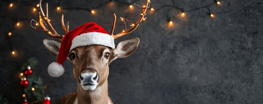 A reindeer wearing a festive Santa hat, with its antlers wrapped in twinkling fairy lights, surrounded by holiday decorations.