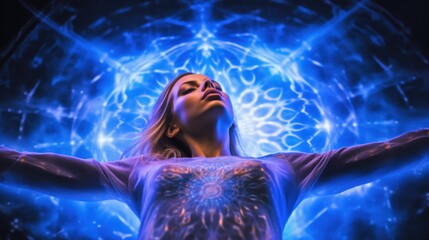 A woman immersed in an ethereal, blue cosmic aura stands with arms wide open, embracing the surreal beauty of a psychedelic experience.