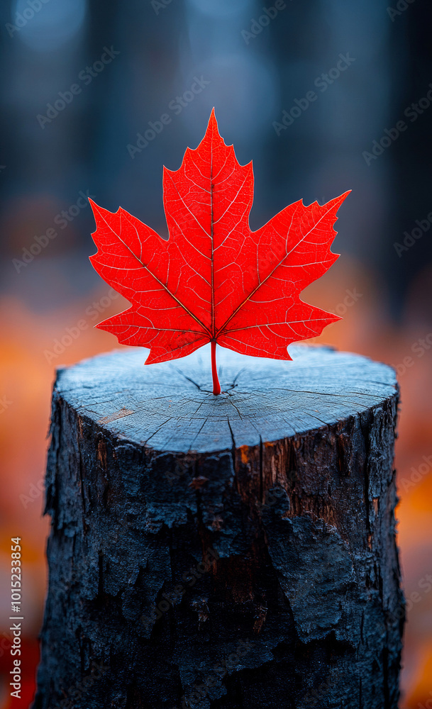 Poster a red leaf is on top of a log. the leaf is the only thing visible in the image