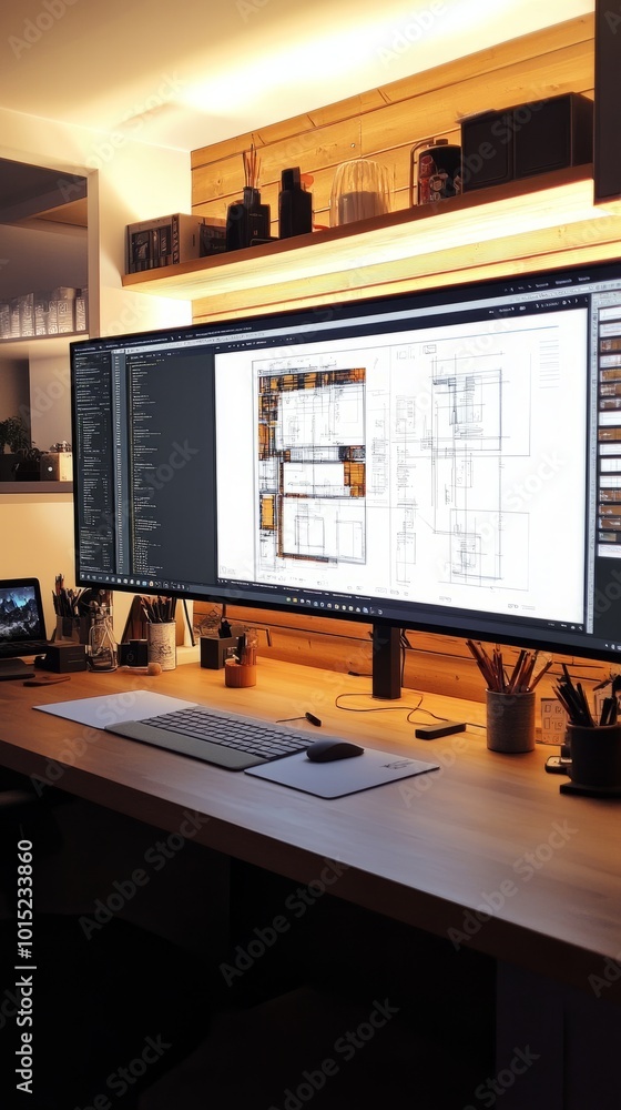 Poster a modern home office desk with a large monitor displaying a blueprint and a wireless keyboard.