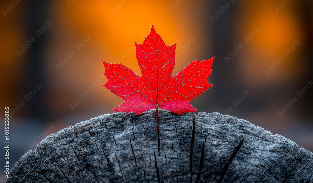 Poster a red leaf is on top of a log. the leaf is the only thing visible in the image