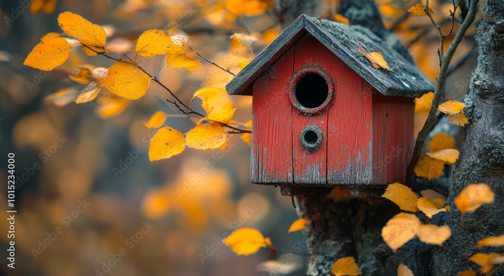 Poster a red birdhouse with a hole in the front sits on a tree branch. the birdhouse is empty, but it is su