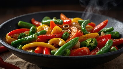 Steaming bowl of colorful vegetables, including peppers, carrots, broccoli, and green beans, on a wooden table.