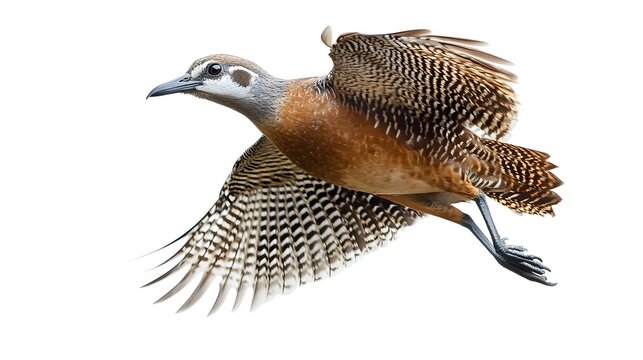 Solitary Tinamou Bird Flying on White Background, Photo Realistic, Wallpaper, Cover and Screen for Smartphone, PC, Laptop, 9:16 and 16:9 Format