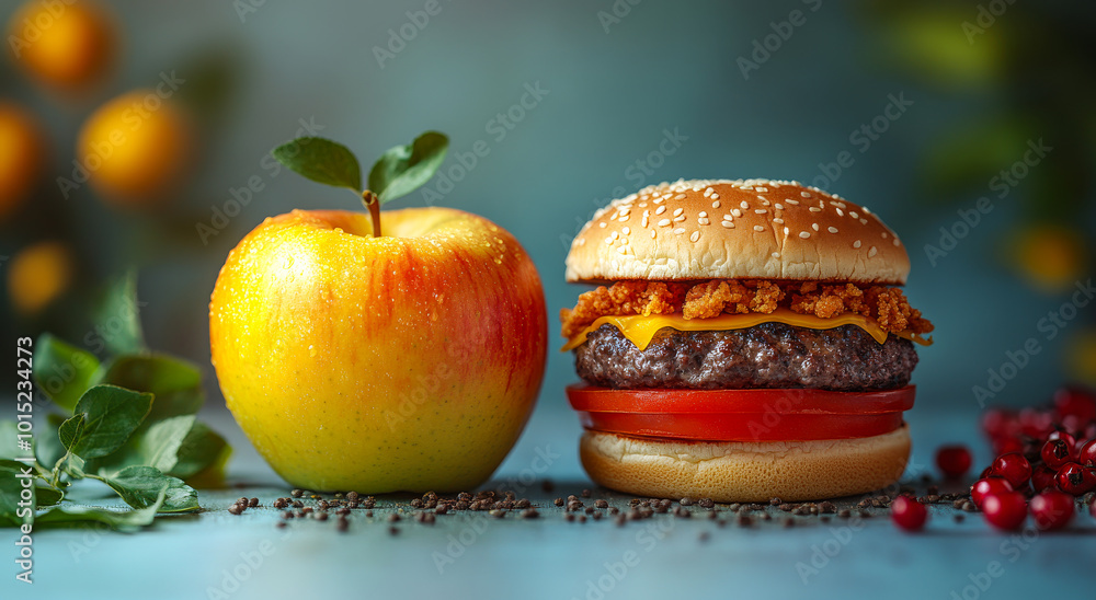 Poster a hamburger and an apple are on a table. the hamburger is covered in cheese and bacon, while the app