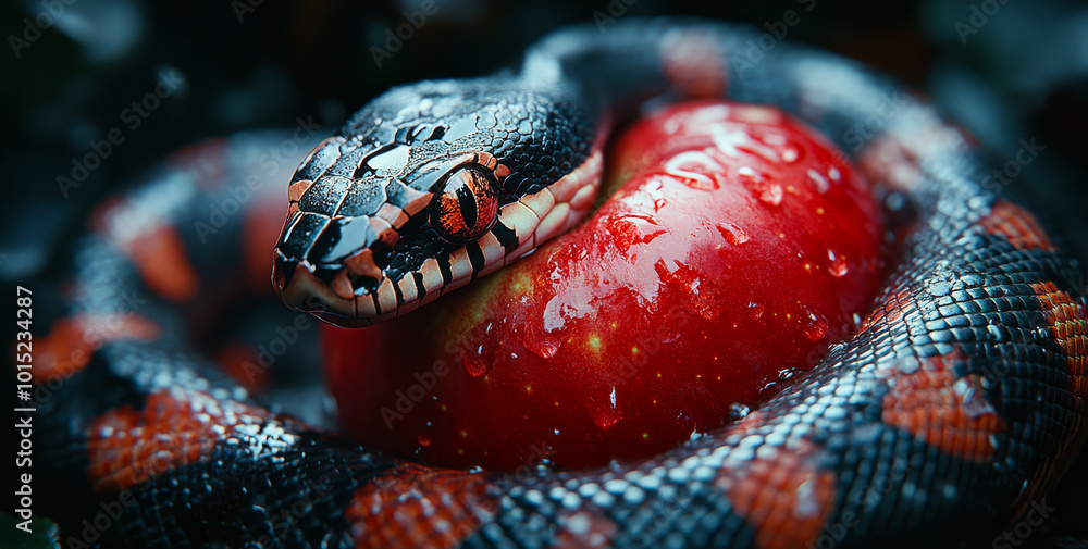 Poster a snake is laying on top of a red apple. the snake is black and red with a yellow stripe down its ba