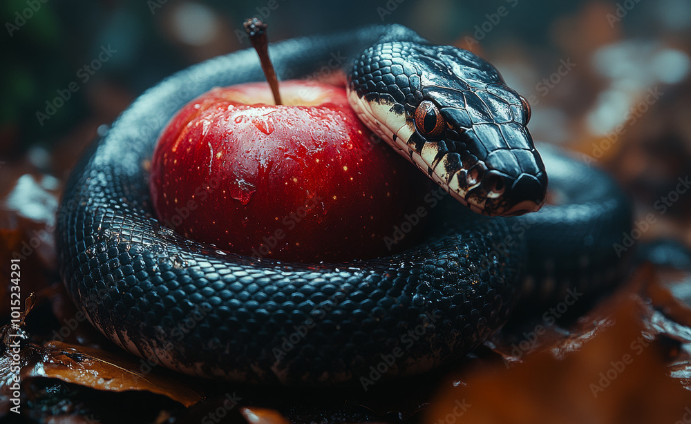 Poster a black snake is wrapped around a red apple. the snake is long and black, while the apple is small a