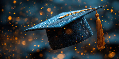 A graduation cap is suspended in the air with a tassel. Concept of accomplishment and achievement, as the cap is a symbol of academic success. The tassel adds a touch of elegance