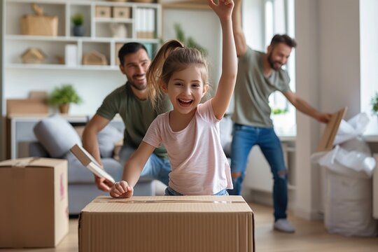 Young girl in pink shirt raises arms in joyful gesture. Man in green shirt stands with arms crossed, another man in gray shirt bends to pick up box. Family relocates in new apartment with fun,