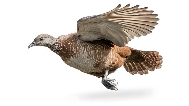 Solitary Tinamou Bird Flying on White Background, Photo Realistic, Wallpaper, Cover and Screen for Smartphone, PC, Laptop, 9:16 and 16:9 Format