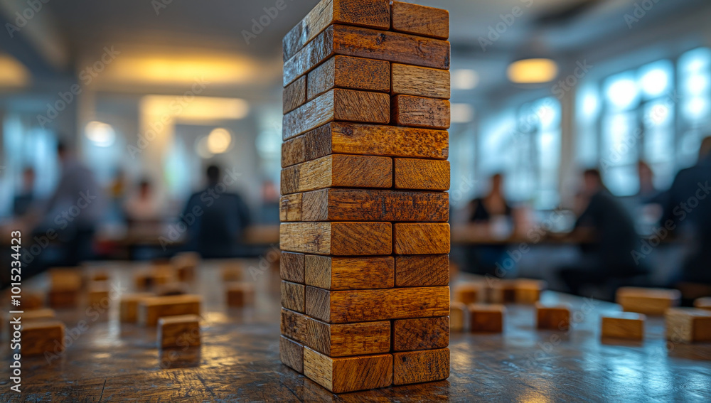 Poster a stack of wooden blocks with one block on top. the blocks are arranged in a pyramid shape