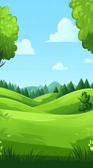 Obraz premium A picturesque landscape with rolling green hills, lush trees, and a bright blue sky.