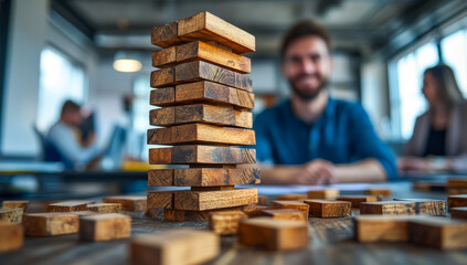 Obraz premium A man is sitting at a desk with a stack of wooden blocks in front of him. The blocks are arranged in a pyramid shape, and the man is smiling. Concept of playfulness and creativity