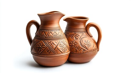 Two brown clay pitchers with intricate designs on a white background.