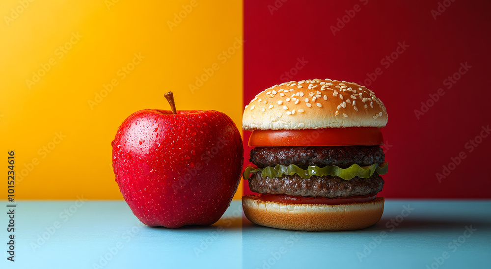 Poster a red apple and a hamburger are placed on a table. the hamburger is large and has a lot of toppings,