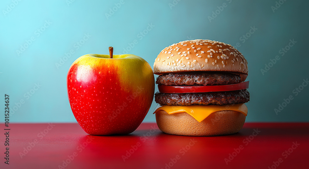 Poster a hamburger and an apple are on a red table. the hamburger is large and has cheese on it. concept of