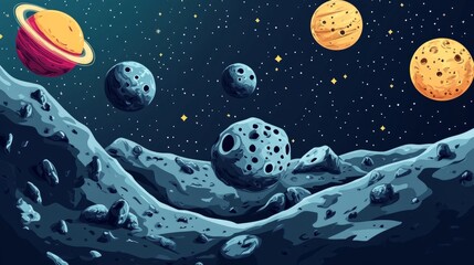 Naklejka premium A scenic view of a rocky, cratered alien landscape with multiple planets in the background.