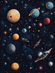 Naklejka premium A seamless pattern with planets, stars, and spaceships in a dark blue space.