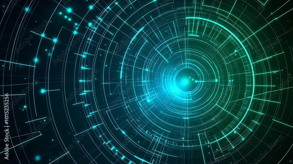Poster Abstract background with glowing lines and circles in a dark blue and green color scheme.