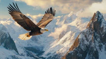 Fototapeta premium Majestic Eagle Soaring Over Snowy Mountains