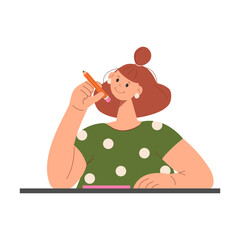 An educational concept. A girl with a pencil in her hand is sitting at a table. Isolated on a white background. Flat style. Vector illustration.