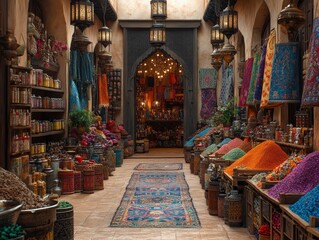 Obraz premium Aromatic Spice Market: A vibrant, narrow passageway lined with colorful spices, textiles, and lanterns. The warm lighting and rich textures create an inviting atmosphere.