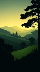 A silhouette of trees and mountains against a sunset sky.