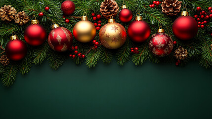 Naklejka premium A green background with red and gold Christmas ornaments. The red ornaments are hanging from a green tree