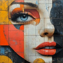 Colorful Abstract Portrait of a Woman's Face with Geometric Shapes and Bold Colors, Featuring a Focus on Her Blue Eye and Red Lips in a Modern, Cubist Style