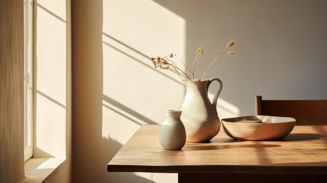 Sunlight gently floods a serene interior, highlighting a rustic wooden table adorned with minimalist ceramic vases and dried flowers, creating a tranquil scene.