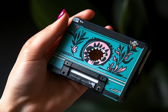 Realistic image of a person holding an old cassette tape, remembering the music and moments tied to it from the past
