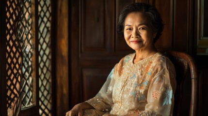 Fototapeta premium Vibrant Portrait of a Filipina Woman Sitting Gracefully