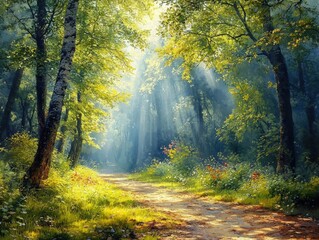 Obraz premium Sun Dappled Forest Path: A picturesque forest path, bathed in the soft glow of morning sunlight, invites exploration and tranquility. The path winds through a lush canopy of trees.