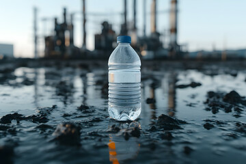Water Bottle Half-Filled and Surrounded by Polluted Water | Highlighting Environmental Issues and Water Quality Concerns