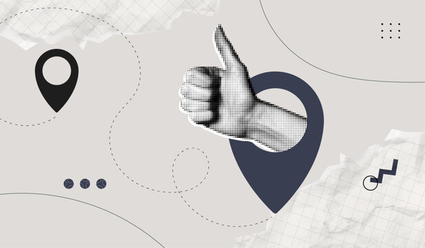 Trendy Halftone Collage Hand showing thumbs up from inside location pin. Delivery route. Contemporary art with position elements. Travel way and find trip. GPS point navigation. Vector illustration