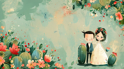 cute cartoon young wedding couple wreath logo on white watercolor abstract art background and cactus plants on frame border , Chic and romantic card